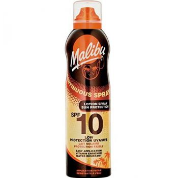 Lotiune Spray MALIBU Continuous Spray, Rezistenta la apa, UVA UVB, SPF10, 175 ml ieftina