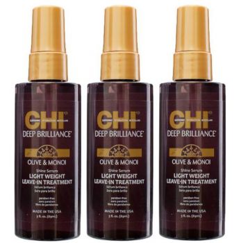 Pachet 3 x Ser Tratament Leave-In pentru Stralucire - CHI Farouk Deep Brilliance Olive & Monoi Shine Serum Light Weight Leave-In Treatment, 89ml