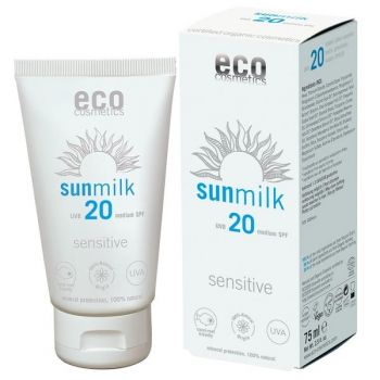 Lapte de Plaja Bio pentru Piele Sensibila cu Ulei de Zmeura SPF 20 Eco Cosmetics, 75ml la reducere
