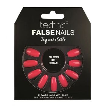 Set 24 Unghii False cu adeziv inclus Technic False Nails, Squareletto, Gloss Hot Coral