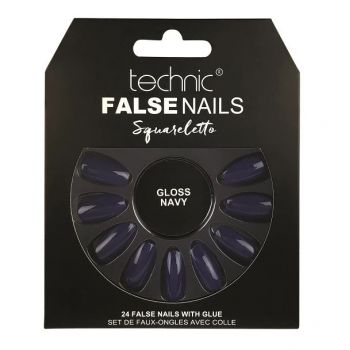 Set 24 Unghii False cu adeziv inclus Technic False Nails, Squareletto, Gloss Navy ieftina
