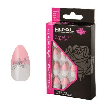 Set 24 Unghii False ROYAL Glue-On Nail Tips, Stardust Stiletto, Adeziv Inclus