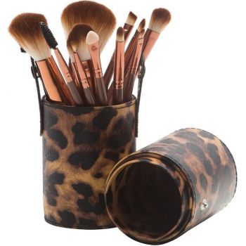 Set 12 Pensule Machiaj, Etui Depozitare Leopard
