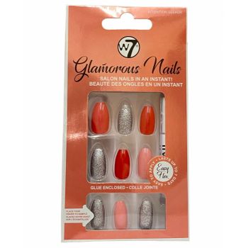 Kit 24 Unghii False W7 Glamorous Nails, Attention Seeker, cu adeziv inclus si pila de unghii