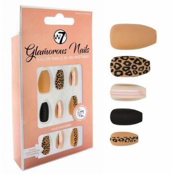 Kit 24 Unghii False W7 Glamorous Nails, Jungle Jingle, cu adeziv inclus si pila de unghii