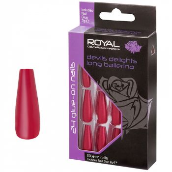 Set 24 Unghii False ROYAL Glue-On Nail Tips, Devils Delights Long Ballerina, Adeziv Inclus