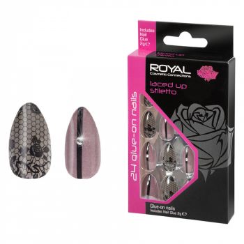 Set 24 Unghii False ROYAL Glue-On Nail Tips, Laced Up Stiletto, Adeziv Inclus