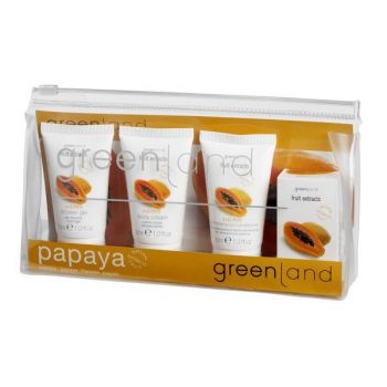 Set cadou ingrijire corp, cu papaya, crema corp 30ml, gel dus 30ml, sampon 30ml, sapun solid 30g, Greenland