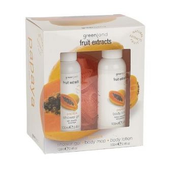 Set cadou mic, cu papaya, lotiune corp 100ml, gel dus 100ml, loofa, Greenland ieftin