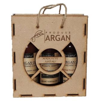 Set cadou rustic argan cutie lemn sampon cu ulei argan 400 ml+balsam par cu ulei argan 400 ml+gel de dus cu ulei argan 400 ml