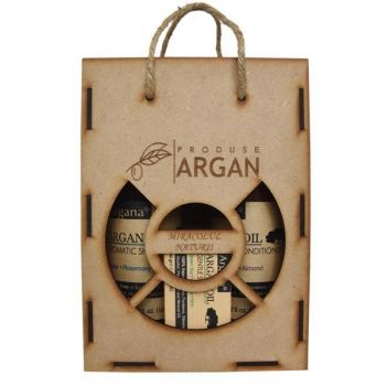 Set cadou rustic argan cutie lemn sampon cu ulei argan 400 ml+balsam par cu ulei argan 400 ml+sapun cu ulei argan 40 gr