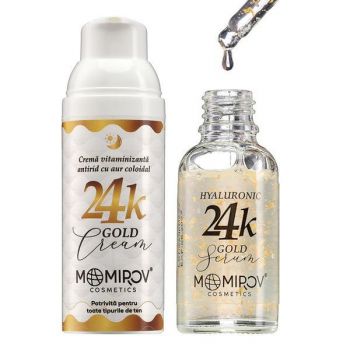 Set Facial cu Aur 24K si Acid Hialuronic, Crema 50ml + Ser 30ml