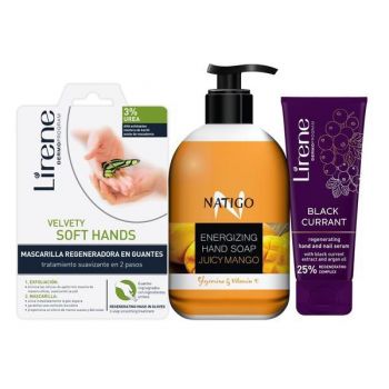 Pachet ingrijirea mainilor (Sapun lichid Natigo - Juicy Mango 500ml, Crema maini coacaze 75ml, Manusi exfoliante ))