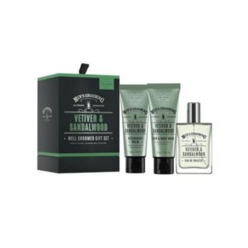 Set cadou Scottish Fine Soaps, Vetiver & Sandalwood Well Groomed Gift pentru barba si corp ( Apa toaleta 50ml + Aftershave 75ml + Gel corp 75ml )