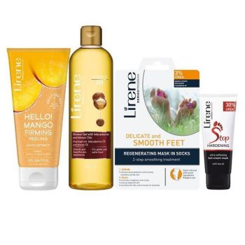 Set Lirene - Exfoliere Corporala ( Gel de Dus - 400ml, Gel exfoliant de corp - 175ml, Sosete exfoliante si regeneratoare - 1 Buc, Crema-masca de picioare STOP Cheratoza, 75ml)