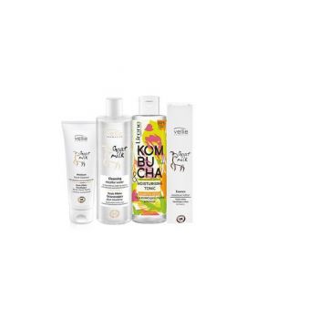 Set Vellie Goat Milk Rutina Zilnica Pentru Ingrijirea Tenului ( Gel curatare 120ml, Apa Micelara - 400ml, Toner Kombucha - 200ml, Lotiune 100ml)