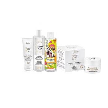 Set Vellie Goat Milk Rutina Zilnica Pentru Ingrijirea Tenului la Sfarsitul Zilei ( Gel de curatare faciala - 120ml, Apa Micelara - 400ml, Toner Facial - 120ml, Crema de noapte - 50ml)