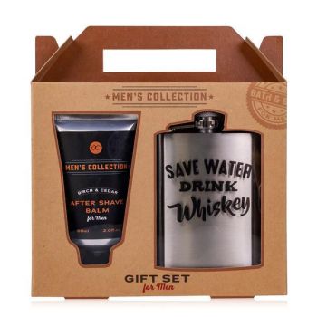 Set cadou barbati Men's Collection in cutie hartie kraft, After shave balsam 60ml, Sticla otel inoxidabil pentru whiskey capacitate 120ml
