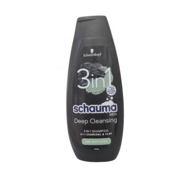 Sampon 3 in 1 Par-Corp-Fata pentru Barbati cu Carbune si Argila - Schwarzkopf Schauma Men 3 in 1 Hair-Body-Face Shampoo with Charcoal + Clay, 400 ml
