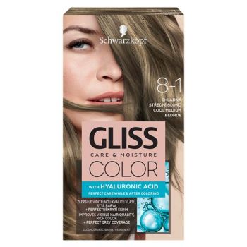 Vopsea de Par Permanenta cu Acid Hialuronic - Schwarzkopf Gliss Color Care & Moisture with Hyaluronic Acid, nuanta 8-1 Cool Medium Blonde la reducere