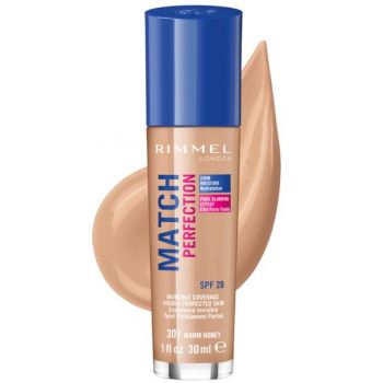 Fond de Ten - Rimmel London Match Perfection 24h Invisible Coverage SPF20, nuanta 301 Warm Honey, 30 ml