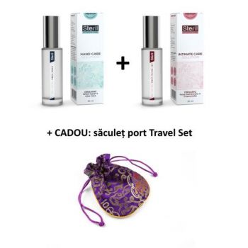 Set cadou de călătorie cu loțiune pentru igienă intimă (30ml) și loțiune pentru întreținerea mâinilor (30ml) plus cadou săculeț Steril Travel