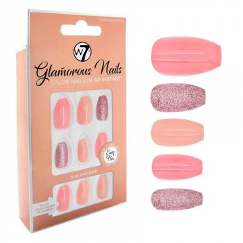 Kit 24 Unghii False W7 Glamorous Nails, Cupcake Icing, cu adeziv inclus si pila de unghii