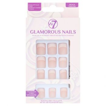 Kit 24 Unghii False W7 Glamorous Nails, French Timeless, cu adeziv inclus si pila de unghii