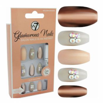 Kit 24 Unghii False W7 Glamorous Nails, Golden Sahara, cu adeziv inclus si pila de unghii la reducere