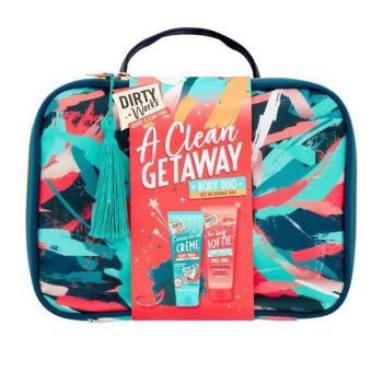 Set Cadou A Clean Getaway Body Duo, 200ml Crème de La Crème + Gel De Dus 200ml The Big Softie + Burete, Geanta Cosmetice