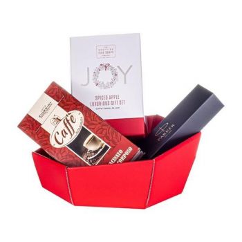 Set cadou Colored Joy Scottish, un set cosmetice JOY by Scottish Fine Soaps de 265 ml, un pix Parker Royal, o Cafea Corsini măcinată 125 g si un coș hexagonal cartonat