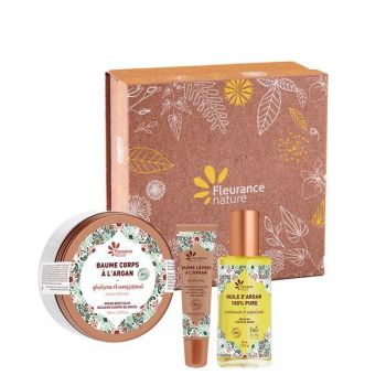 Set cadou cosmetice bio cu argan pentru corp - Argan care, Fleurance Nature ( Balsam corp 150ml + Balsam buze 15ml + Ulei 50ml )