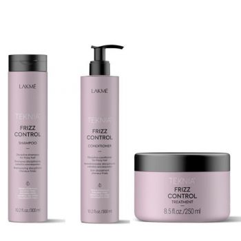 Set pentru par cret sau rebel, Frizz Control Lakme, Sampon 300 ml, Balsam 300 ml, Tratament 250 ml