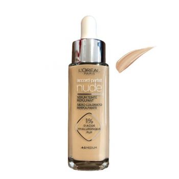 Serum Redensificator Infuzat cu Pigmenti si Acid Hialuronic - L'Oreal Paris Accord Parfait Nude Siero Colorado Rimpolpante 1% D'Acide Hyaluronico Pur, nuanta 4-5 Medium, 30 ml