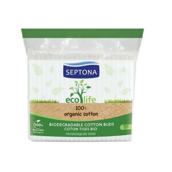 Betisoare de Urechi Biodegradabile din Bumbac Organic - Septona Eco Life 100% Organic Cotton Biodegradable Cotton Buds, 100 buc