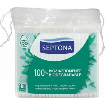 Betisoare de Urechi Biodegradabile din Bumbac - Septona 100% Biodegradable 100% Cotton, 100 buc/ punga