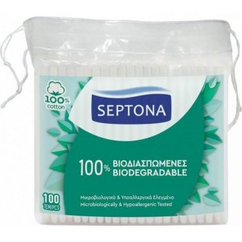 Betisoare de Urechi Biodegradabile din Bumbac - Septona 100% Biodegradable 100% Cotton, 100 buc