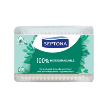 Betisoare de Urechi Biodegradabile din Bumbac - Septona 100% Biodegradable 100% Cotton, 200 buc