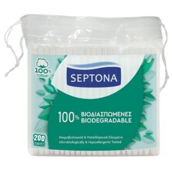 Betisoare de Urechi Biodegradabile din Bumbac - Septona 100% Biodegradable 100% Cotton, 200 buc/ punga