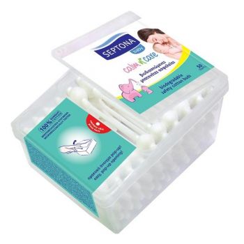 Betisoare de Urechi Biodegradabile pentru Copii - Septona Baby Calm'n'Care Biodegradable Safety Cotton Buds 100 Cotton, 50 buc/ cutie