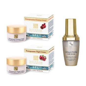 Set cadou 3 produse, Crema de zi cu rodie 50ml + Crema de noapte cu rodie 50ml + Ser din matase 30ml cu efect de lifting Health and Beauty Dead Sea Minerals