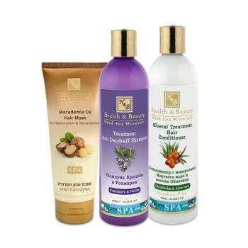 Set cadou haircare 3 produse Health and Beauty - Sampon cu argan 400ml + Balsam cu catina 400ml + Masca de par cu ulei de macadamia 200ml