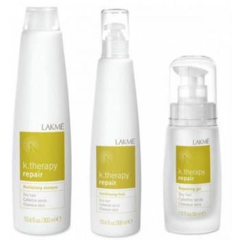 Set pentru par degradat si uscat, Lakme, K.Therapy Repair Sampon 300 ml + Balsam 300 ml + Gel 30 ml