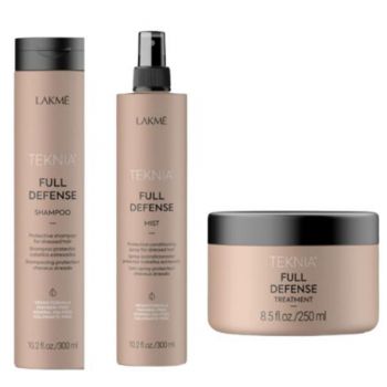 Set pentru par stresat Lakme, Full Defense Sampon 300 ml + Mist 300 ml + Tratament 250 ml