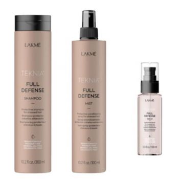 Set pentru par stresat Lakme, Full Defense Sampon 300 ml + Tratament Spray 300 ml + Serum 100 ml