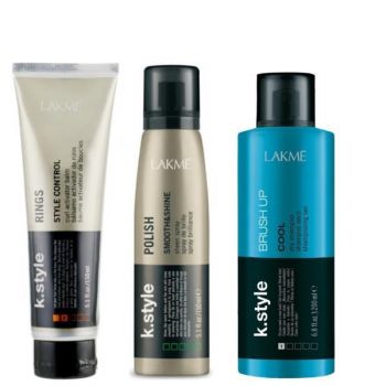 Set pentru par cret si ondulat Lakme Style Rings Curl Active Balm 150 ml + Polish Sheen Spray 150 ml + Cool Brush Up 200 ml