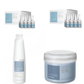 Set Cadou impotriva caderii parului, Lakme, K.Therapy Active Sampon 300 ml, Tratament 250 ml, Shock Concentrate 2 buc, 8x6 ml