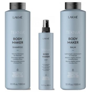 Set Cadou pentru par gras si lipsit de volum, Lakme Teknia Body Maker, Sampon 1000 ml, Balsam 1000 ml, Tratament Spray 300 ml