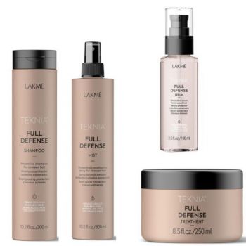 Set Cadou pentru par stresat, Lakme, Teknia, Full Defense Sampon 300 ml, Tratament Spray 300 ml, Masca 250 ml, Serum 100 ml