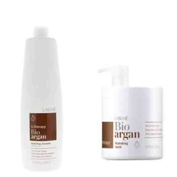 Set Cadou pentru par uscat si imbatranit, Lakme K.Therapy Bio Argan Sampon 1000 ml, Tratament 1000 ml